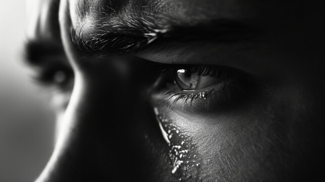 a man crying in a black and white photo while sitting down
