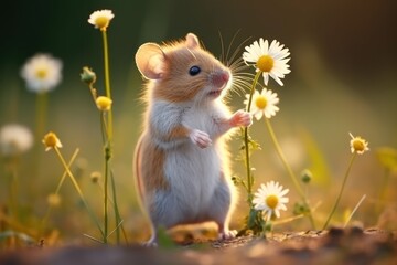  a brown and white mouse standing on its hind legs in a field of daisies with daisies in the foreground and a blurry background of grass and flowers in the foreground.