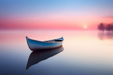 Lonely wooden boat on lake with reflections in water at dawn. Peace and tranquility in nature. Peaceful landscape
