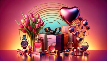Valentine's Day symbols on a gradient background, including a gift box, pink tulips, heart-shaped balloon, perfume bottle, and wristwatch.