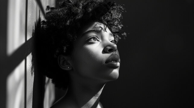 Black And White Photograph Of Woman Leaning Against A Wall Looking Up