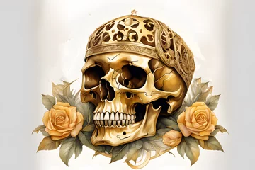 Store enrouleur Crâne aquarelle watercolor golden skull and flower