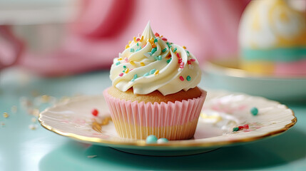 An elegantly decorated birthday cupcake on a delicate china plate, set on a pastel-colored table with a bright background Ai Generative