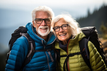 Senior couple hiking in mountains. Elderly tourists with backpacks travelling outdoor. Active lifestyle in old age