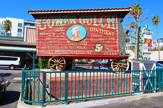 Los Angeles, California – October 16, 2023: Gower Gulch, vintage western medicine show wagon at The strip mall Gower Gulch Plaza (Sunset Blvd. and Gower Street)