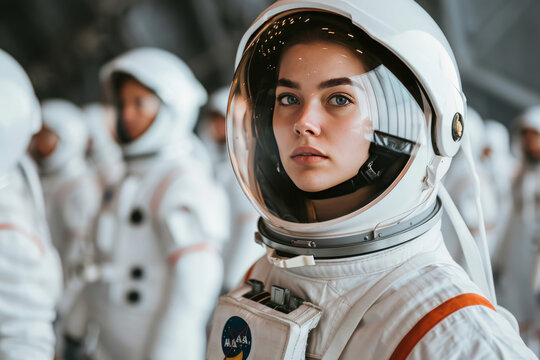 Portrait of female astronaut looking through helmet glass. Beautiful woman wearing space suit. Space travel and colonization concept