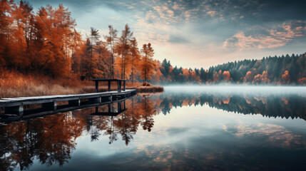 Naklejka na ściany i meble Abant Lake Autumn forest landscape reflection