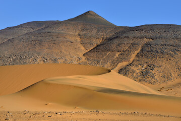 Fototapeta na wymiar SAND DUNES IN THE SAHARA DESERT AROUND TADRART ROUGE PROVINCE AND DJANET OASIS IN ALGERIA