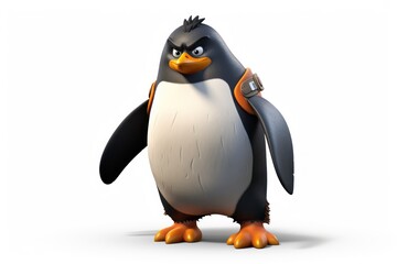  a cartoon penguin with an angry look on his face and a flashlight in his hand, standing in front of a white background with a clipping area for text.