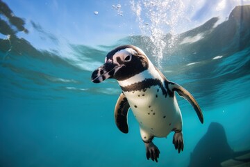  a penguin swimming in the water with its head above the water's surface and under the water's surface, it appears to be looking at the camera. - obrazy, fototapety, plakaty