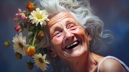 Portrait of a smiling elderly woman with a wreath of flowers on her head.  - obrazy, fototapety, plakaty