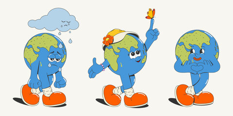 Fototapeta premium A set of groovy cartoon planet earth with different emotions: joy and sadness, isolated on a white background. Earth Day. Environmental problems, taking care of nature. Vector illustration.