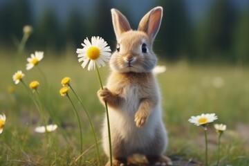  a small rabbit standing on its hind legs in a field of grass with daisies in the foreground and a blurry background of grass and flowers in the foreground.