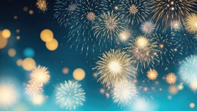 Gold and Cyan Fireworks and bokeh Abstract background