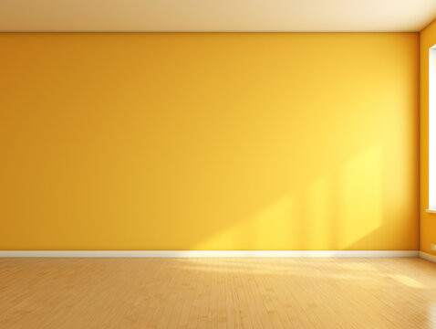 Empty yellow living room with yellow wooden floor