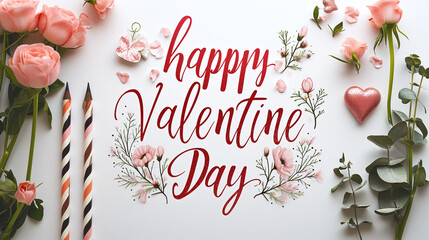 Heartfelt message, 'Happy Valentine Day,' beautifully crafted in calligraphy, embellished with hand-drawn hearts and delicate leaves, creating an expression of enduring love and tenderness - obrazy, fototapety, plakaty