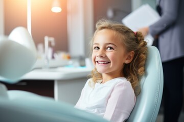 kids dental clinic cabinet, Smiling little girl in dental chair looking at camera while dentist examining teeth - obrazy, fototapety, plakaty