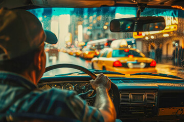 taxi driver driving a yellow cab - obrazy, fototapety, plakaty