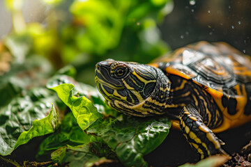 Fototapeta premium turtle and a lettuce in a terrarium