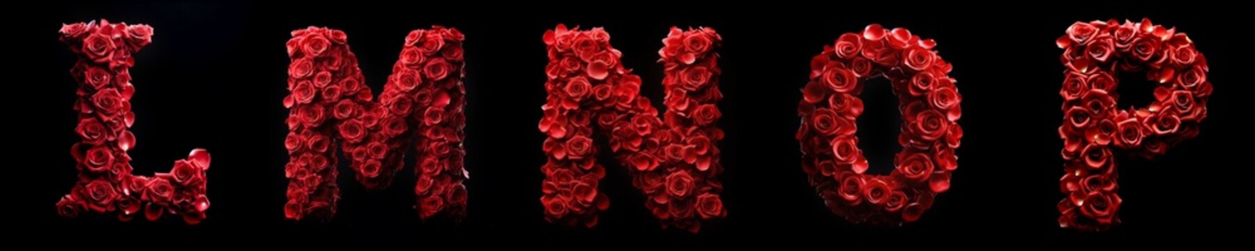 red rose petal letters - L M N O P - ideal for valentines day or other celebration moment - isolated black background - unique 3D letters and numbers set collection - flower alphabet - petal alphabet