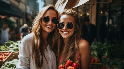 Two young women with sunglasses smiling and holding strawberries at a market - obrazy, fototapety, plakaty