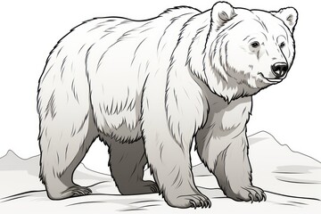  a large white bear standing on top of a snow covered ground with a mountain in the back ground and a line drawing of the bear on the right side of the image.