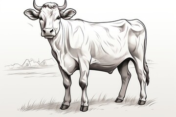  a black and white drawing of a cow standing in a field with a small house in the distance in the distance in the distance is a small town in the distance. - obrazy, fototapety, plakaty