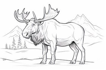  a drawing of a moose standing in front of a mountain range with trees and snow on it's sides and a mountain range in the background with evergreens in the foreground.