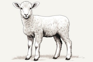  a black and white drawing of a sheep standing on a grass field with its head turned to the side, looking at the camera, with a light colored background.