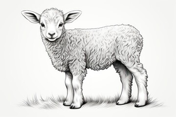  a black and white drawing of a sheep standing in a field of grass, looking at the camera with a sad look on its face, on a white background.
