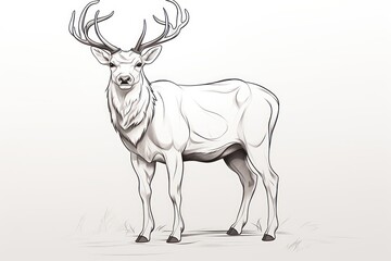  a black and white drawing of a deer with antlers on it's head and antlers on its back, standing in the grass, with a white background.