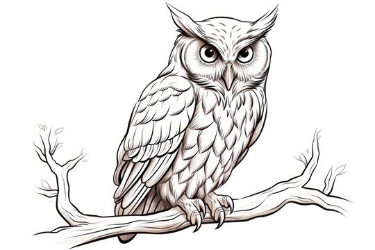  an owl sitting on top of a tree branch with a tree branch in the foreground and a tree branch in the foreground with no leaves in the foreground.