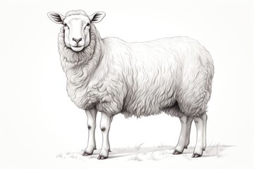  a black and white drawing of a sheep standing on a grass field with it's head turned to the side and it's head slightly to the side.