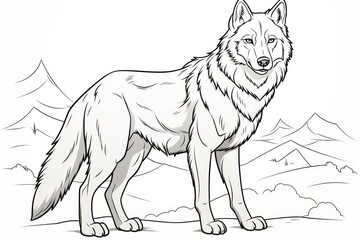  a drawing of a wolf standing in front of a mountain range with snow capped mountains in the background and a full moon in the sky above the wolf's head.
