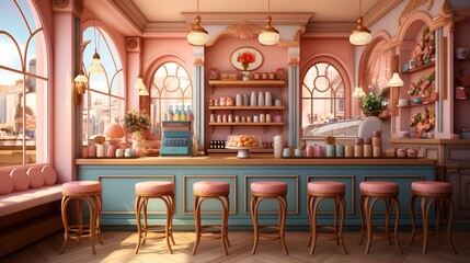 Pink and blue retro diner interior with pink chairs and blue counters