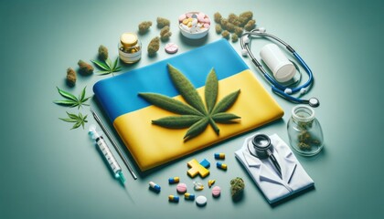 Horizontal concept illustration showing the legalization of medical cannabis in Ukraine, with Ukrainian flag symbols and elements representing medical cannabis.