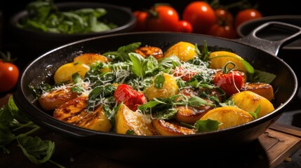  a close up of a pan of food with tomatoes and spinach on a table next to other tomatoes and other vegetables on a table with a cutting board in the background.