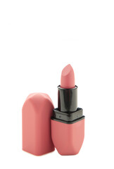 Beautiful pink lipstick isolated on white. Makeup product