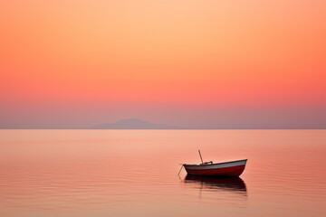  a boat floating on top of a large body of water under a pink and orange sky with a small island in the middle of the water and a distant island in the distance.