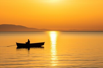  a person in a small boat on a large body of water with the sun setting over the mountains in the distance in the distance is a body of water with a person in the foreground.