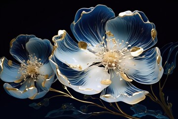 a close up of a blue and white flower on a black background with a gold leafy stem in the center of the flower, and a gold center of the center of the flower.