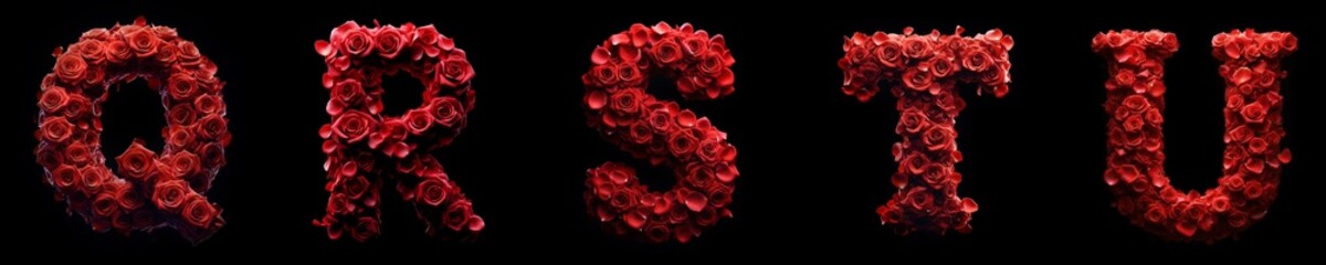 red rose petal letters - Q R S T U - ideal for valentines day or other celebration moment - isolated black background - unique 3D letters and numbers set collection - flower alphabet - petal alphabet - obrazy, fototapety, plakaty