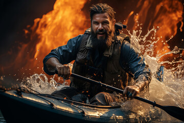 Fototapeta premium Kayaking in Untamed Waters: Kayaker navigating through wild and untamed waters.