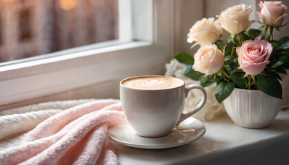 cup of coffee and rose