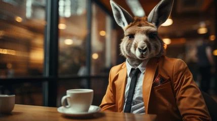 Keuken spatwand met foto Portrait of businessman kangaroo sitting in the cafe with cup of coffee © AnaV
