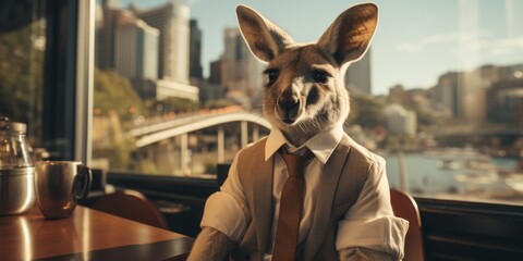 Kangaroo dressed as a businessman sitting in the cafe with city view on the background