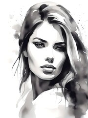 Girl portrait, black and white watercolor illustration, highly detailed beautyfull face, concept art