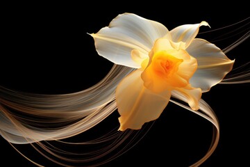  a white and yellow flower with long hair blowing in the wind on a black background with a black background and a white and yellow flower in the center of the center.