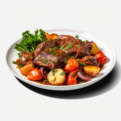 plate of braised beef and vegetables on transparent background created with Generative Ai