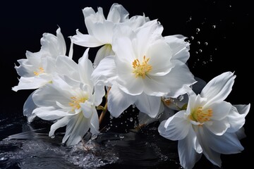 a group of white flowers floating on top of a body of water with drops of water on the bottom and bottom of the flowers on the top of the water.